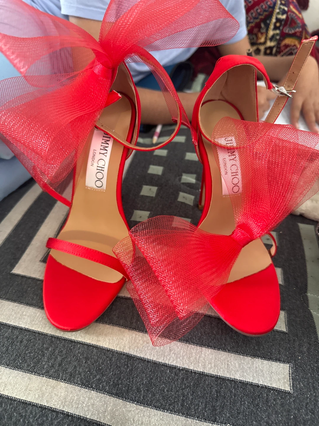 Jimmy Choo Red Heels with Tulle Bows Size 37