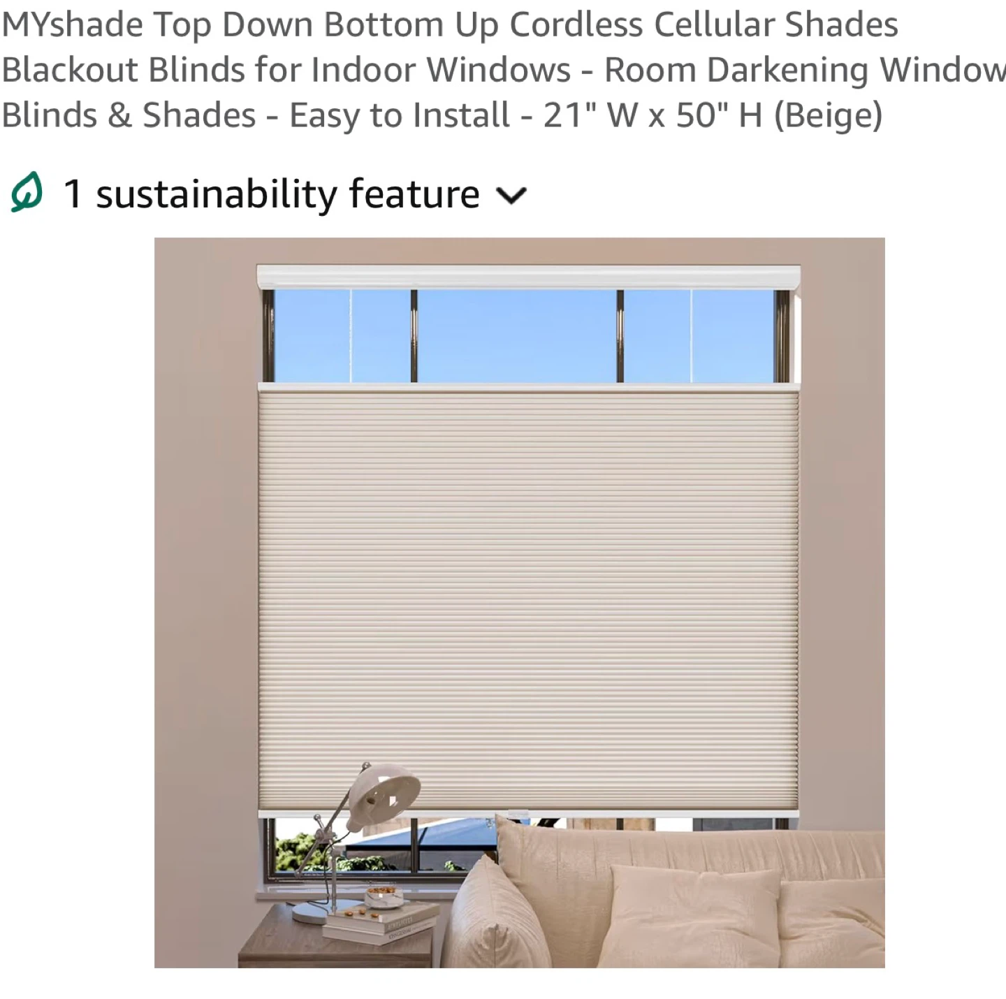 Cordless Cellular Shades 21" W x 50" H (Beige) T50