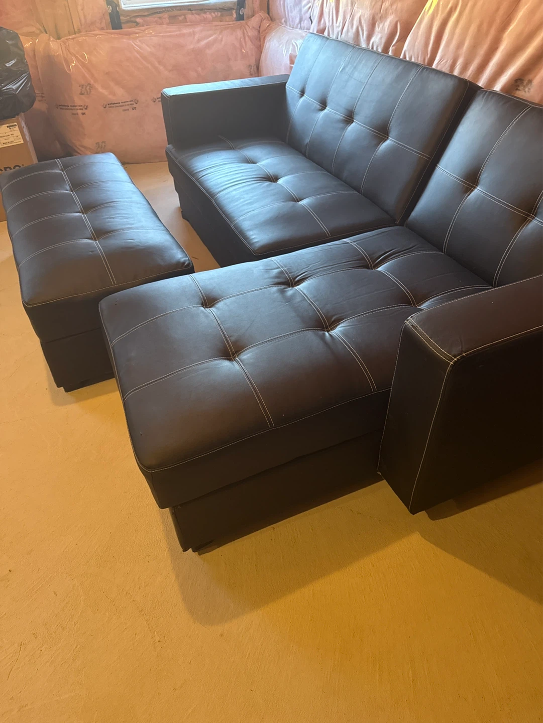 Black Faux Leather Sectional Sofa /Futon bed with Ottoman - photo 3