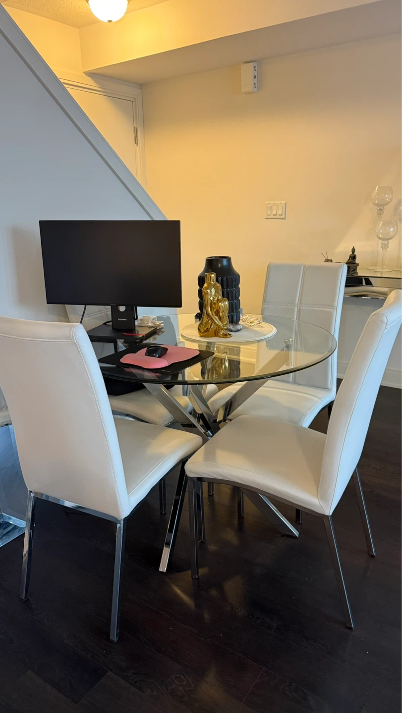 Glass Dining Table with 4 White Chairs