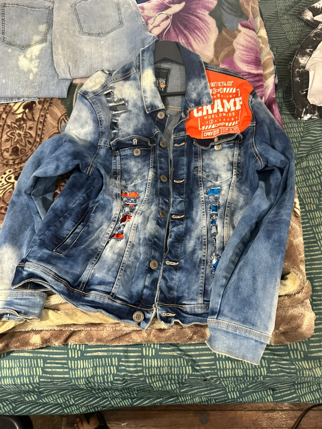 Copper Rivet "Champ Worldwide" Distressed Denim Jacket - photo 4