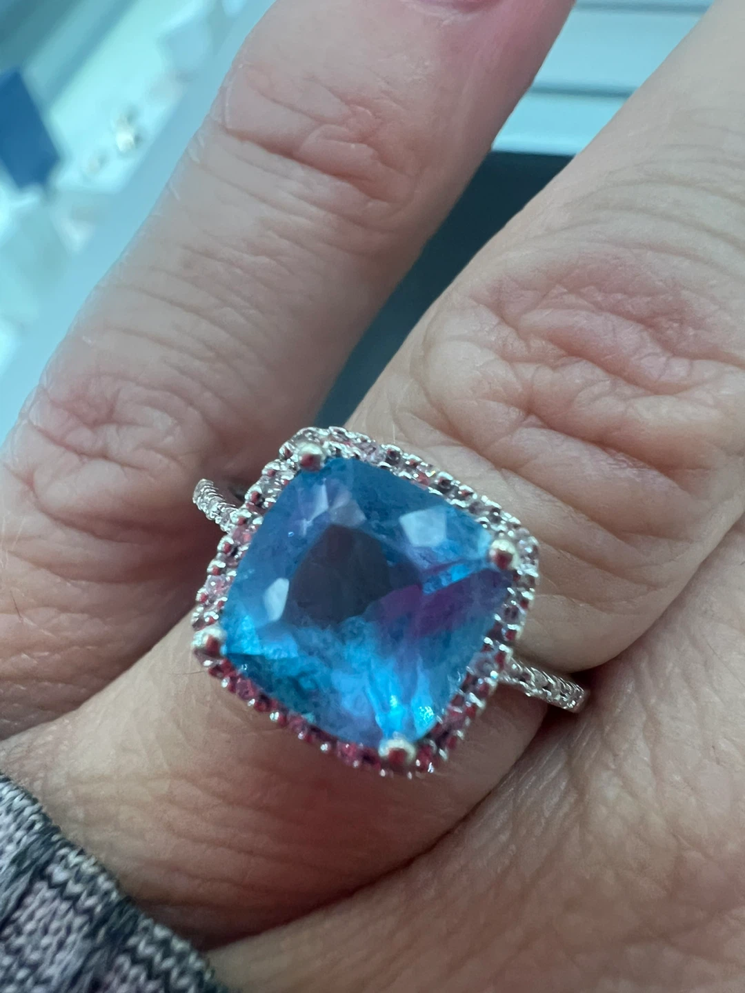 14K White Gold Blue Topaz Halo Ring