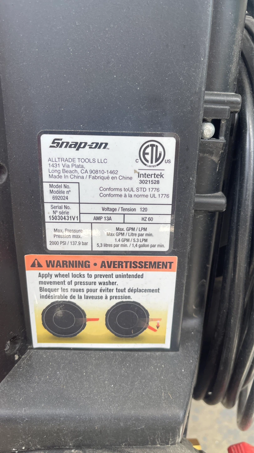 Snap-on 2000 PSI / 137.9 bar Electric Pressure Washer AS IS - photo 5