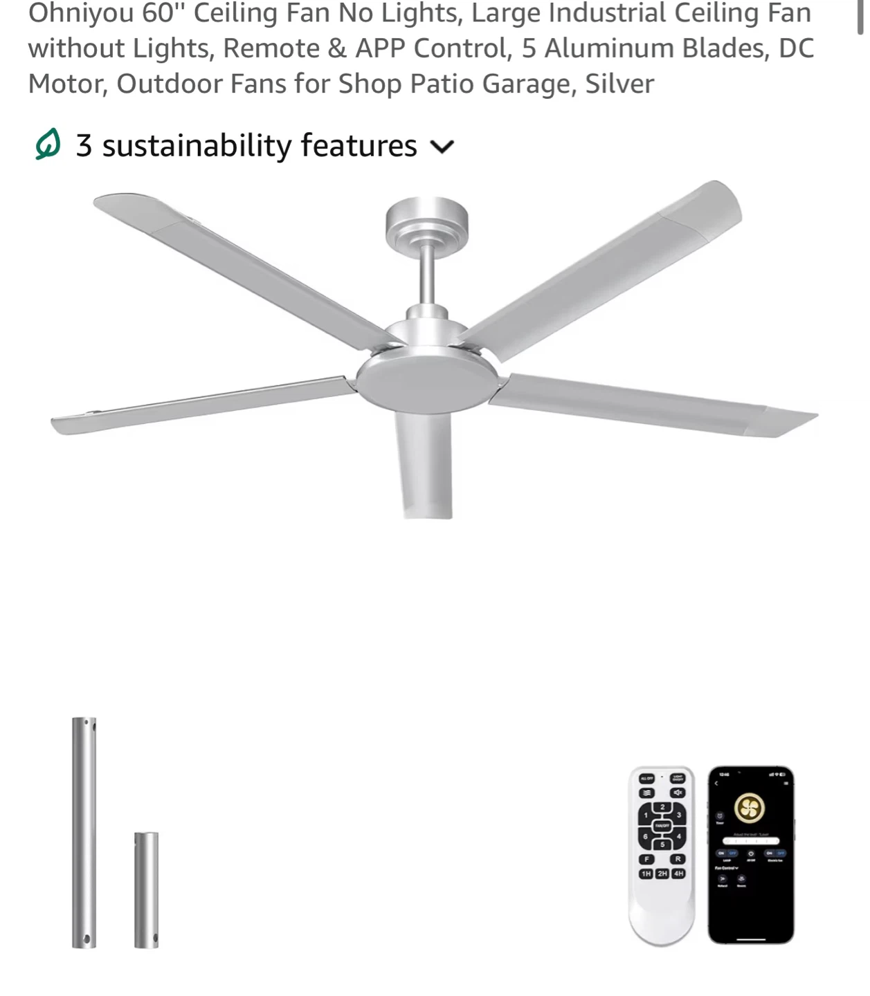 Ohniyou 60" Industrial Ceiling Fan - Silver CF60