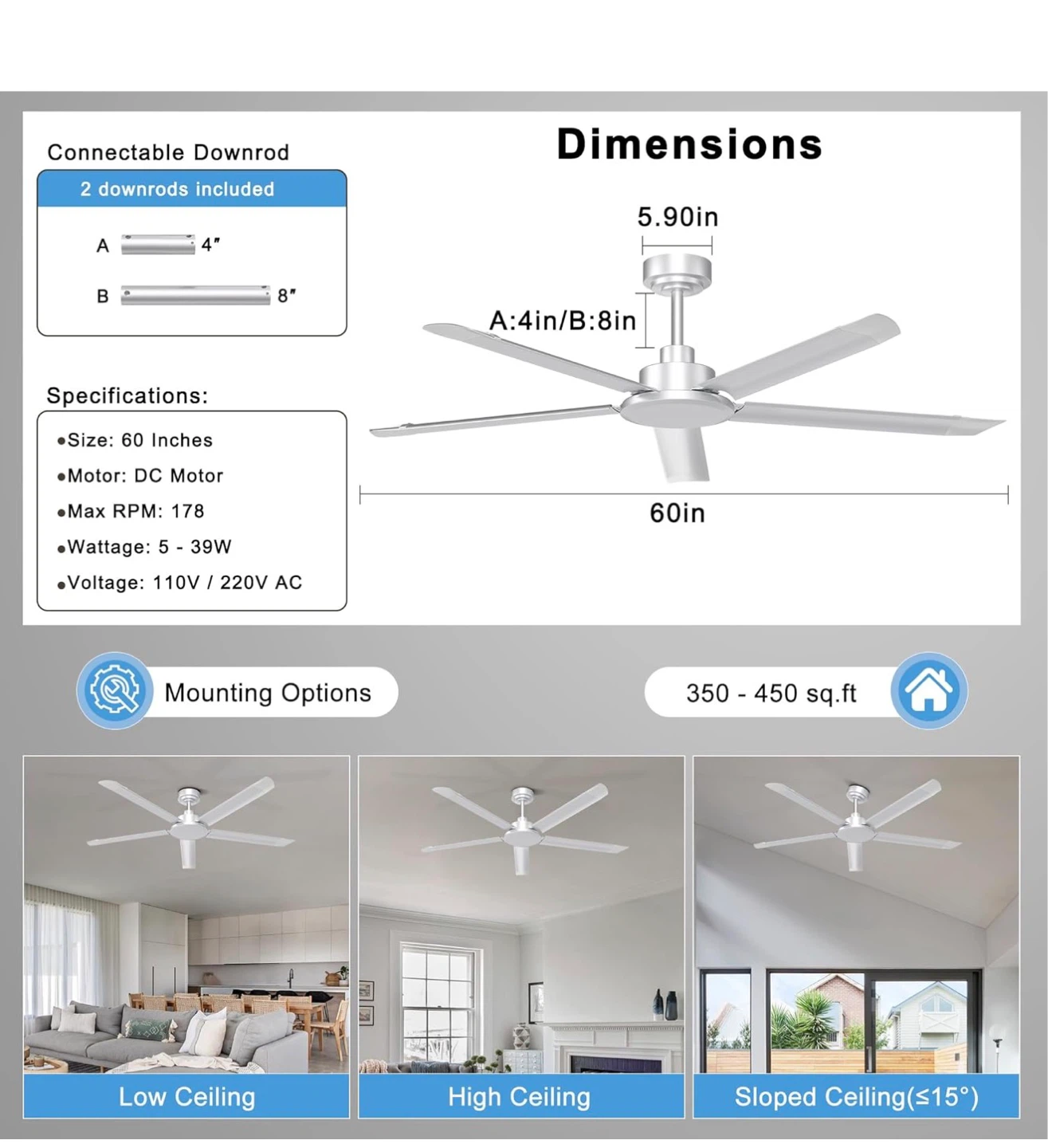 Ohniyou 60" Industrial Ceiling Fan - Silver CF60 - photo 3