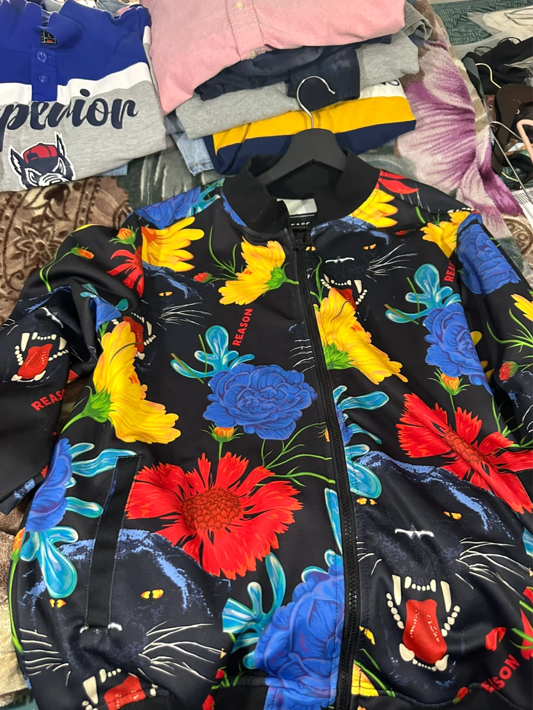 REASON Black Panther Floral Bomber Jacket