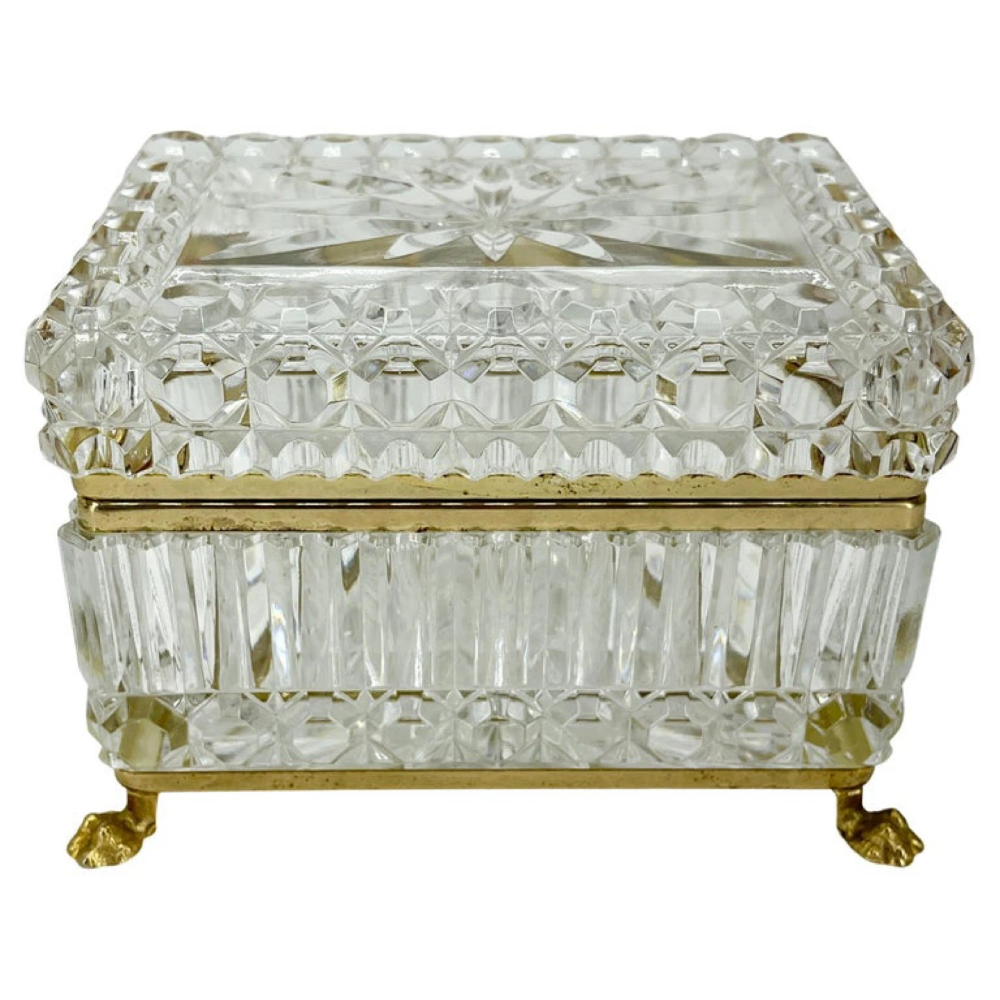 Antique French Cut Crystal and Brass Jewelry Box