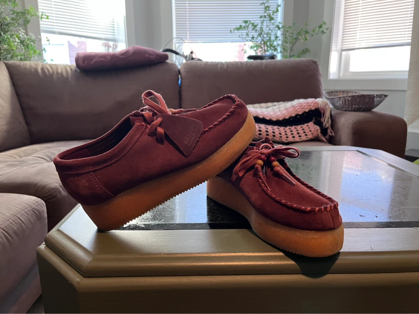 Clarks Wallabee Shoes Burgundy Suede