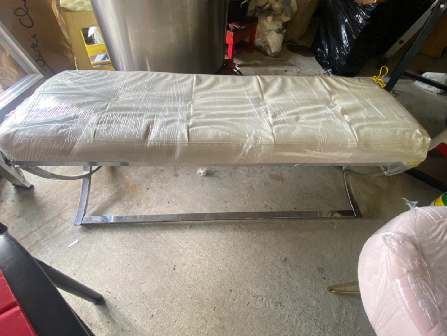 White Tufted Bench with Chrome Frame - photo 2