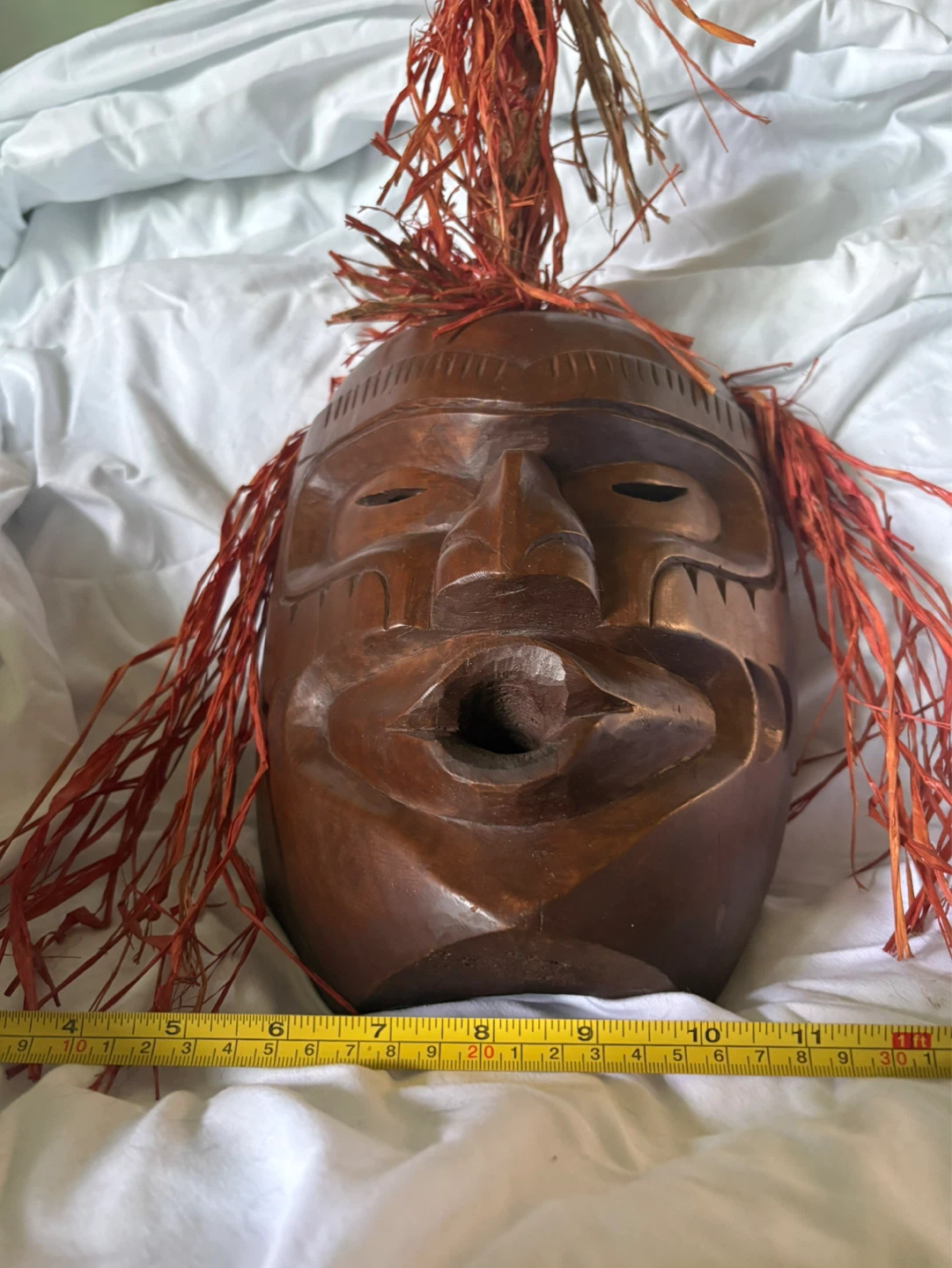 Wooden Carved Tribal Mask with Red Raffia Hair
