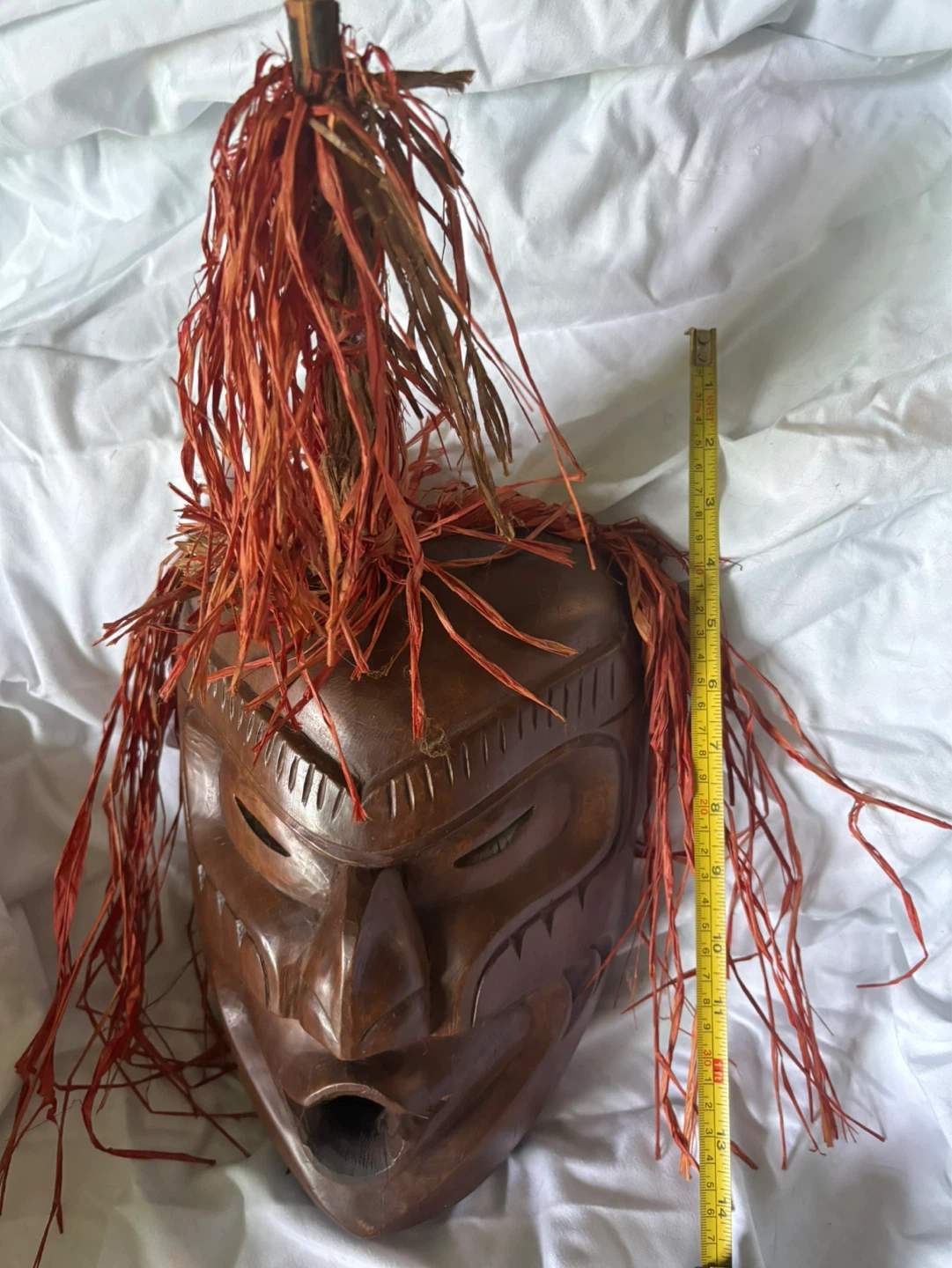 Wooden Carved Tribal Mask with Red Raffia Hair - photo 3