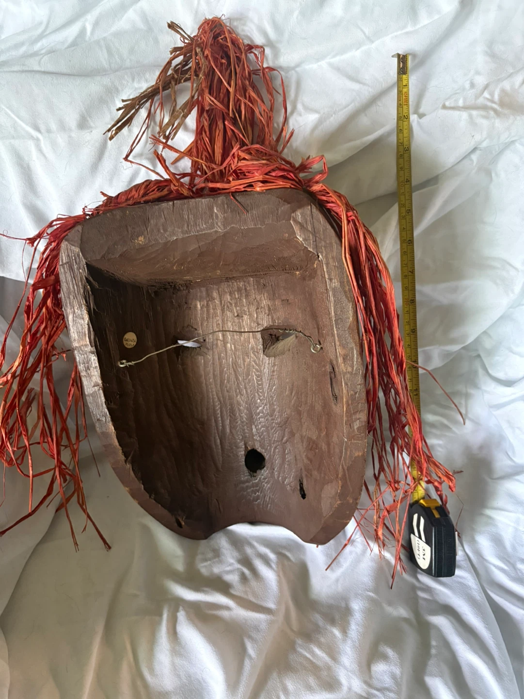 Wooden Carved Tribal Mask with Red Raffia Hair - photo 2