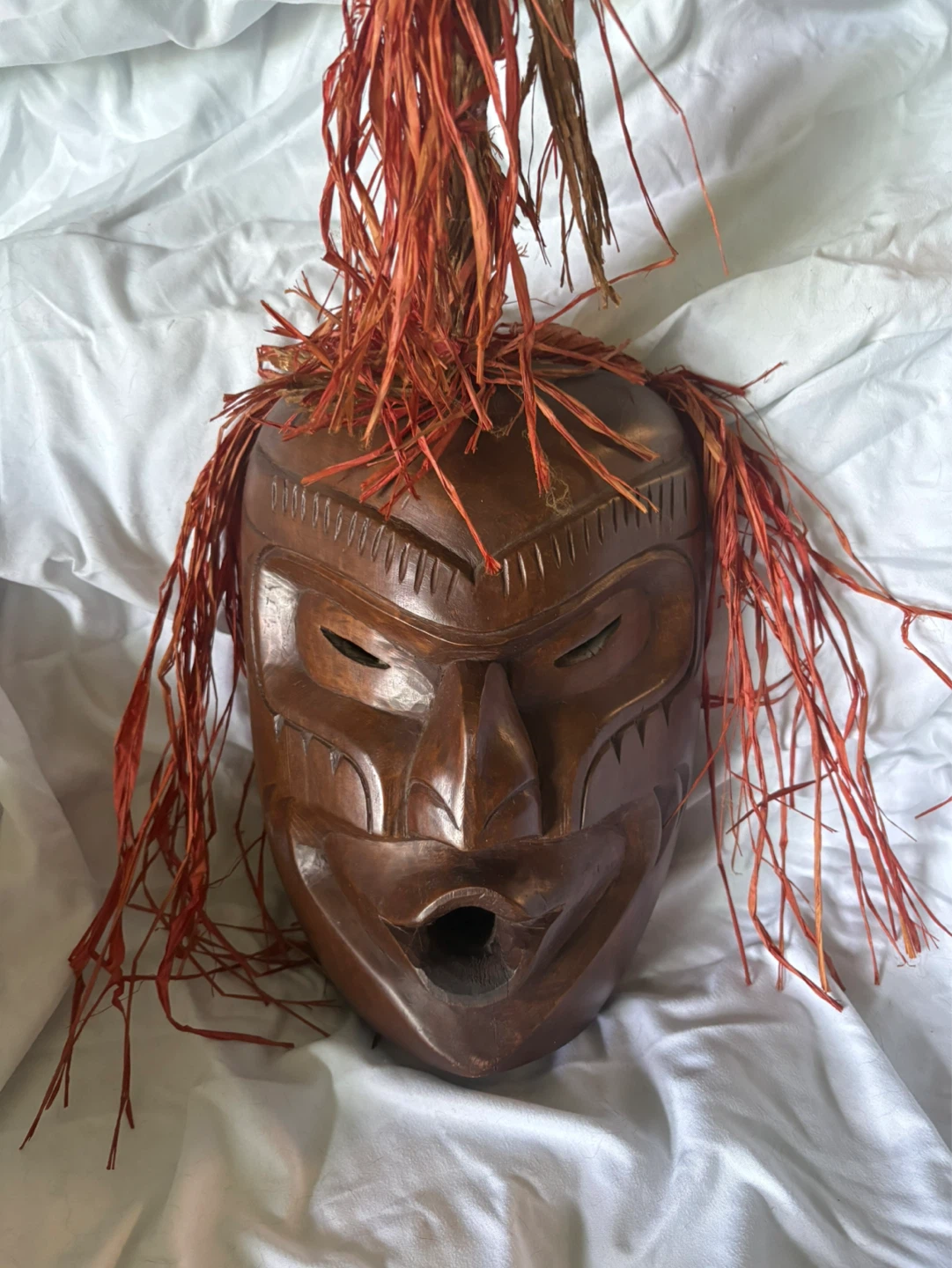 Wooden Carved Tribal Mask with Red Raffia Hair - photo 4