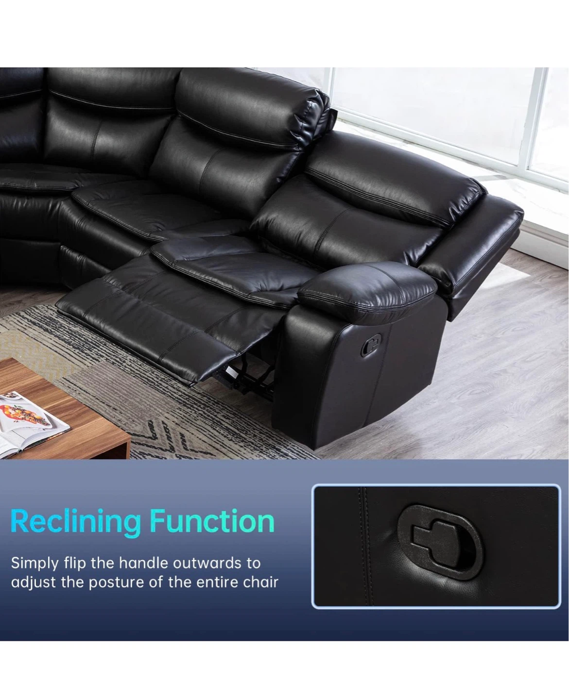 Black Leather Sectional Reclining Sofa with Cup Holders - photo 2