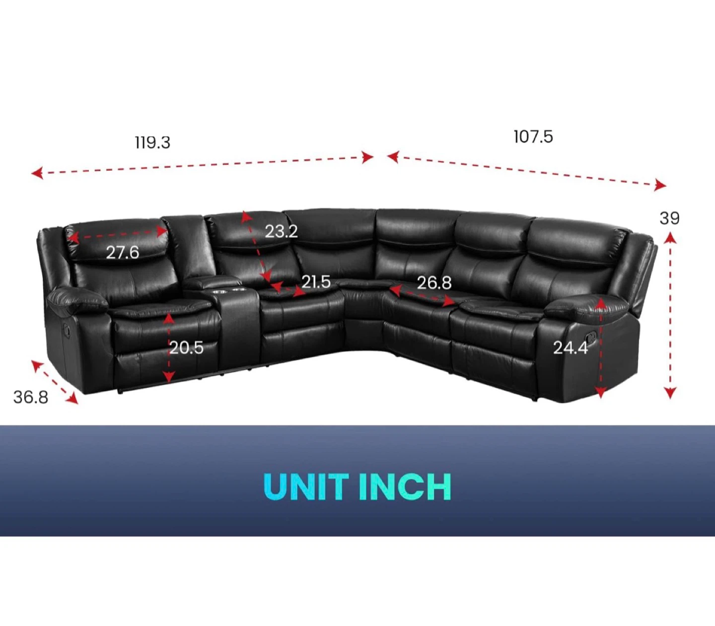 Black Leather Sectional Reclining Sofa with Cup Holders - photo 4