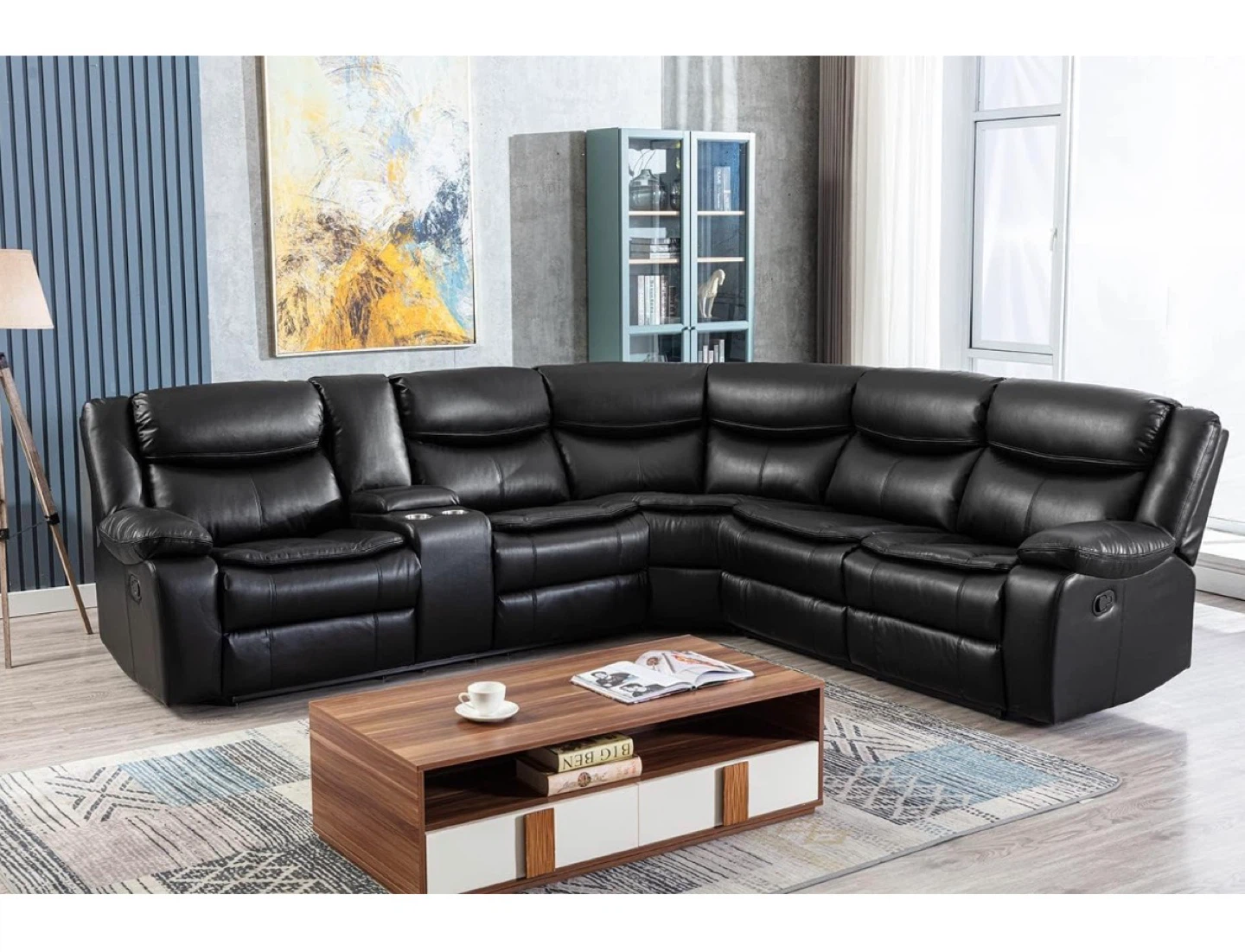 Black Leather Sectional Reclining Sofa with Cup Holders - photo 3