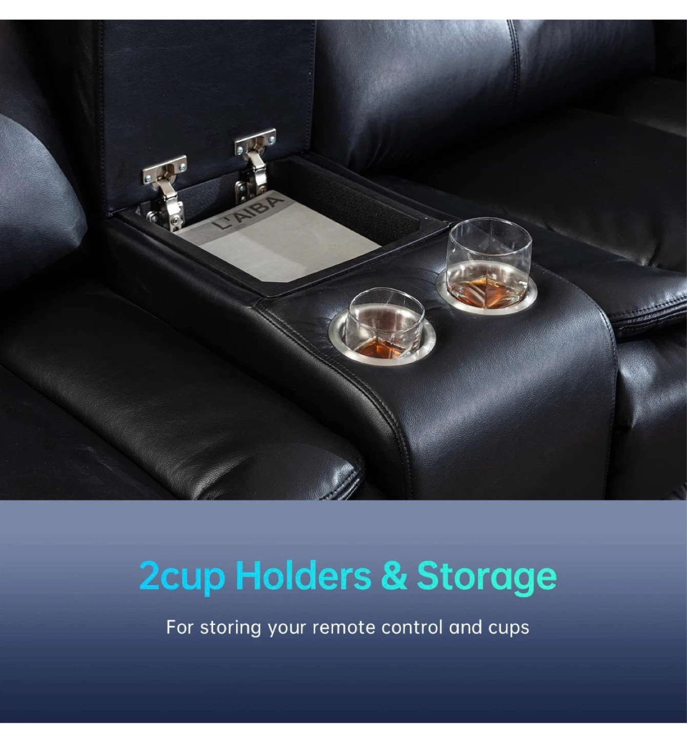 Black Leather Sectional Reclining Sofa with Cup Holders