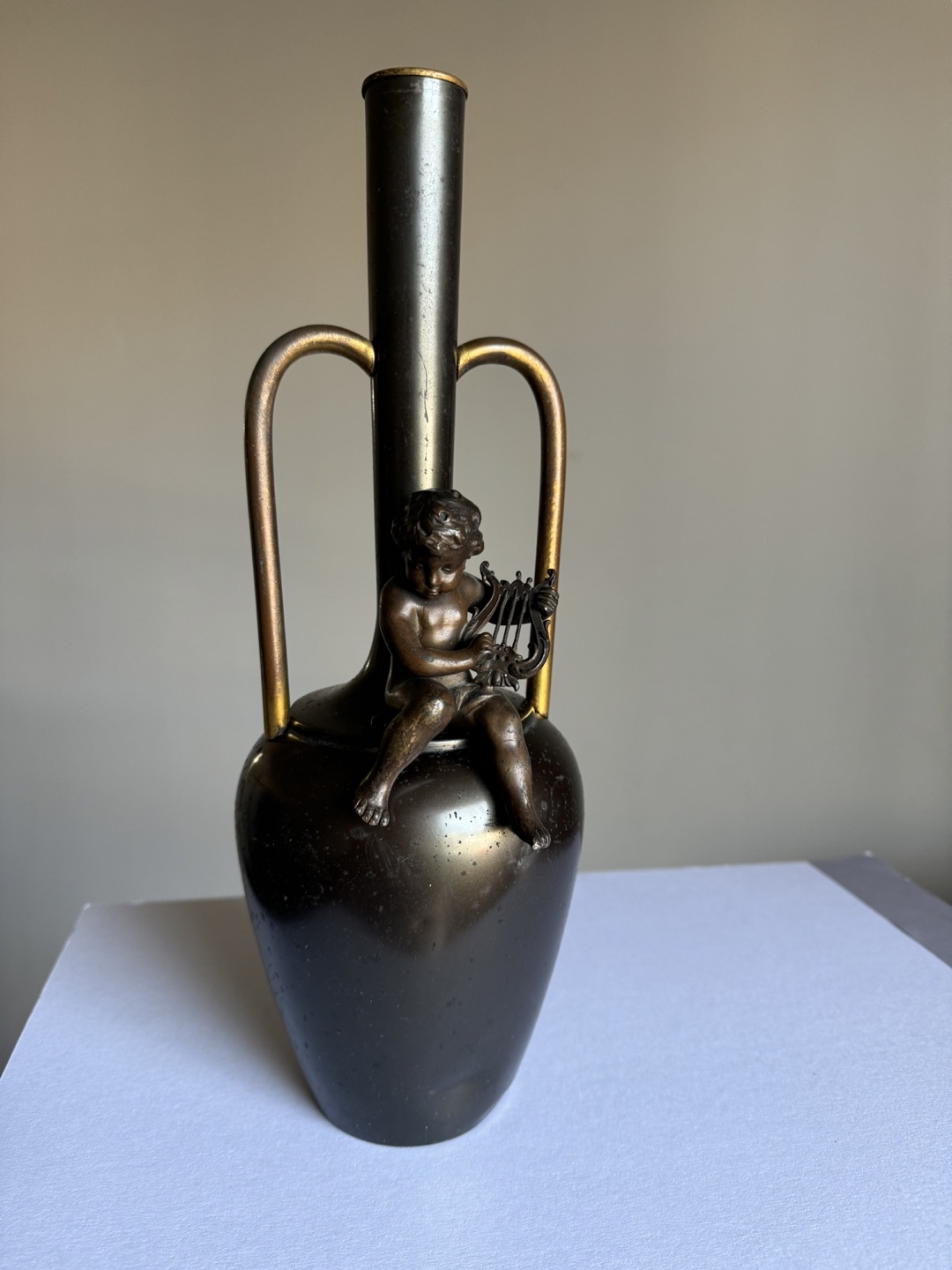 Antique Neoclassical Bronze Vase – Seated Putto with Lyre