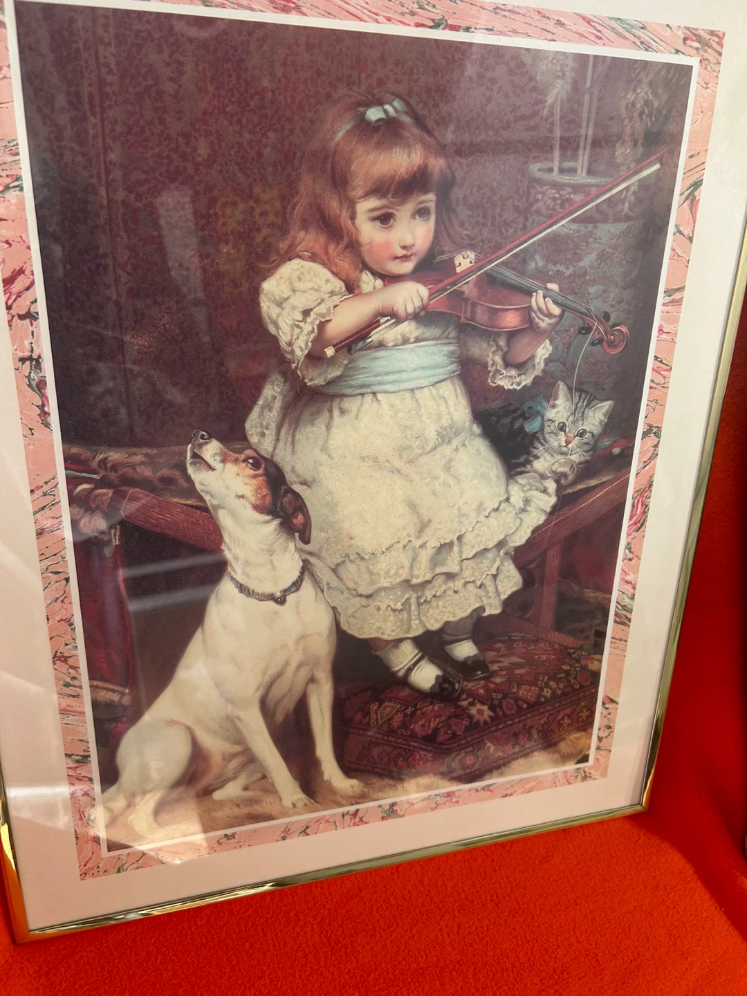 Framed Art Print - Girl Playing Violin with Dog and Cat