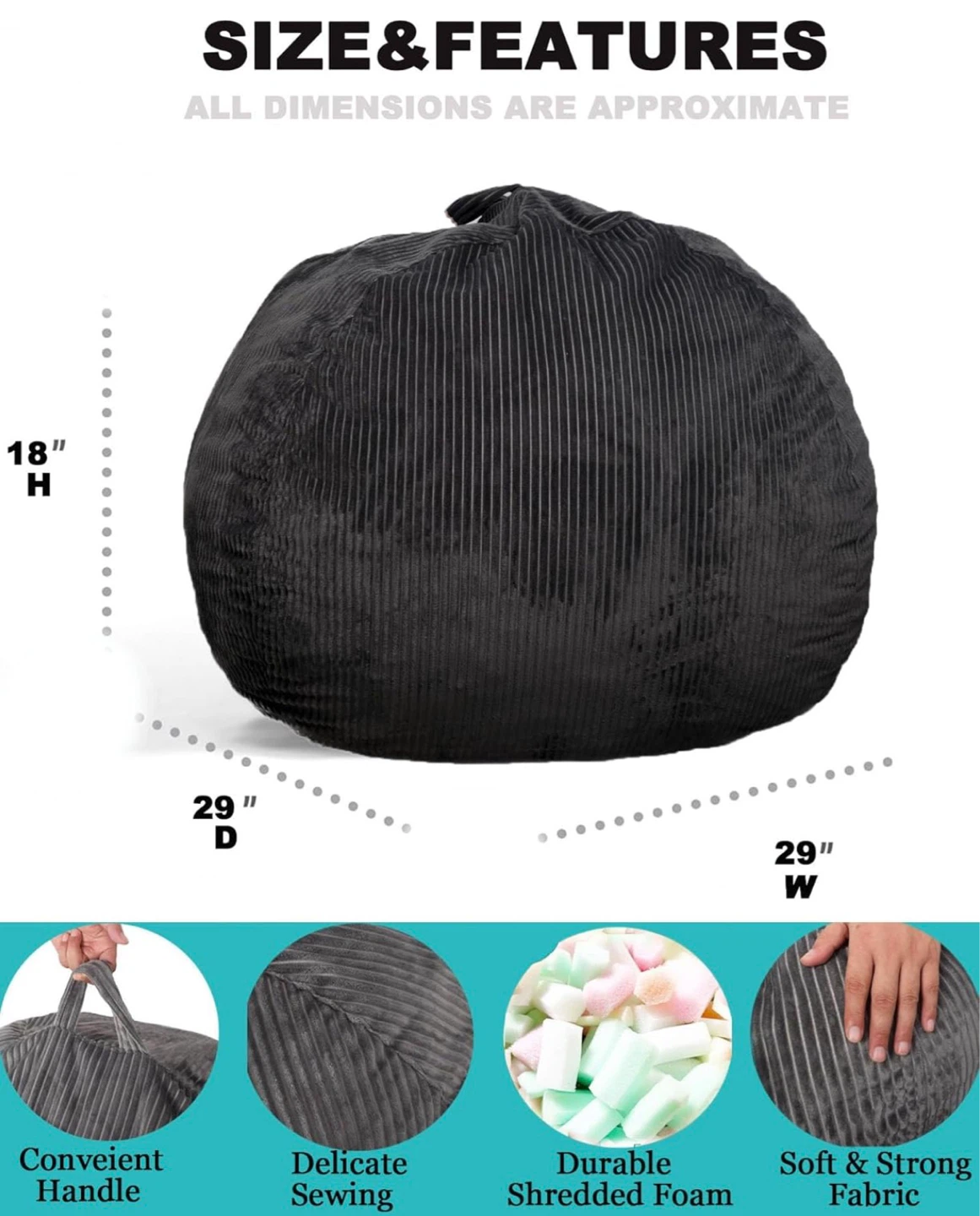Black Corduroy Bean Bag Chair - photo 3