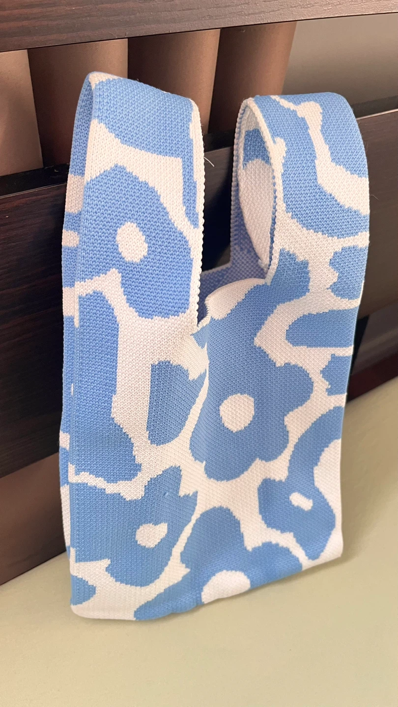 Blue and White Floral Knit Tote Bag