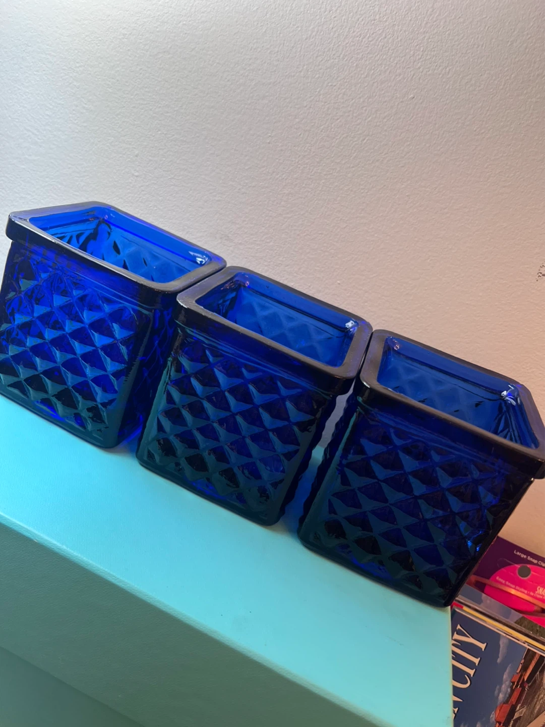 Blue Diamond Embossed Glass Jars/ Glass Votive