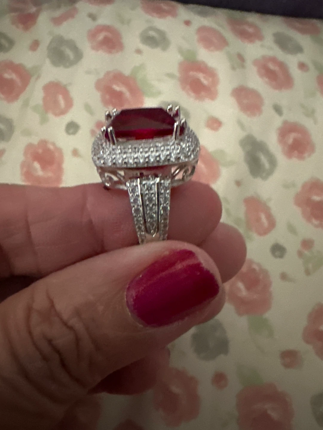 Women's Silver Tone Ring with Red Stone