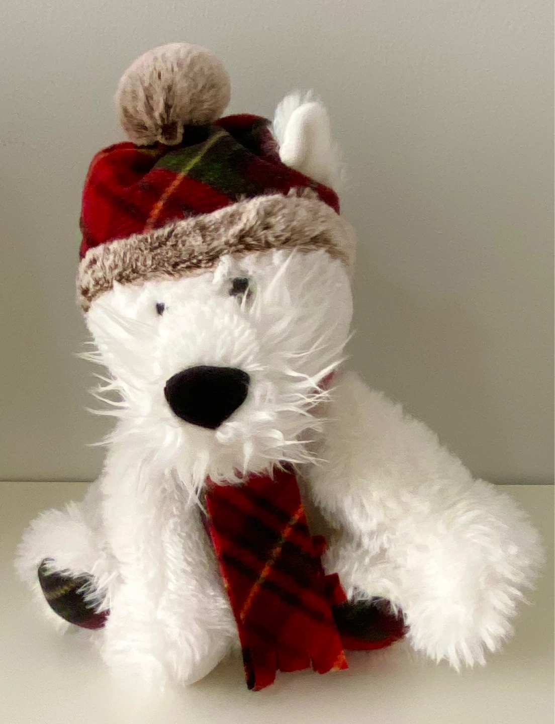 Plush Dog with Tartan Hat and Scarf