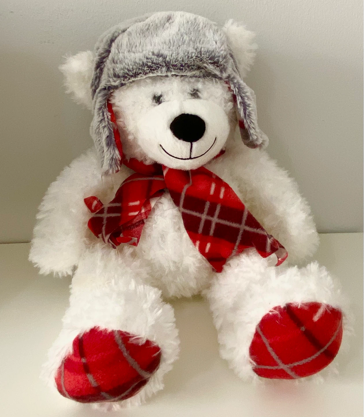 White Teddy Bear with Hat and Scarf