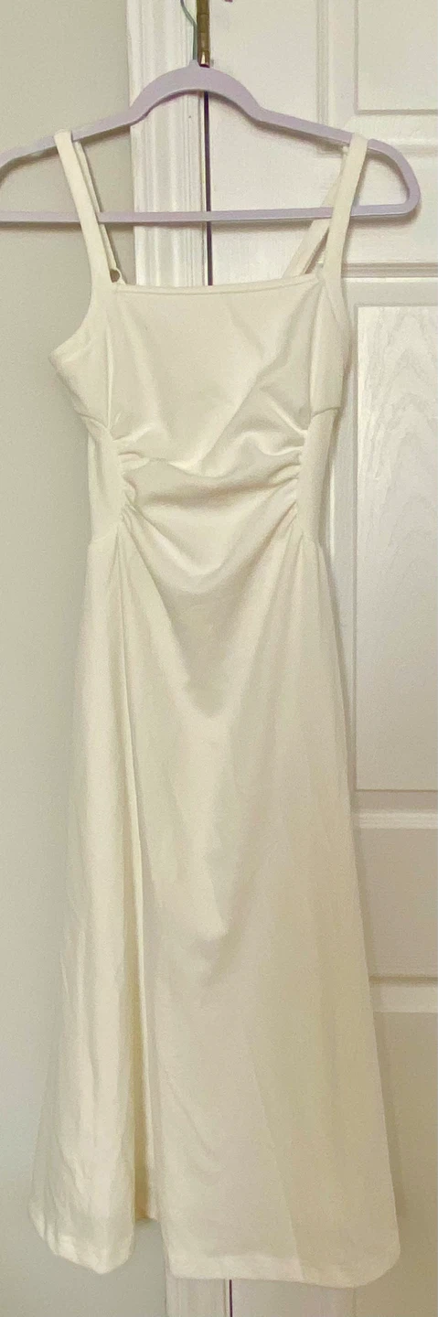 Cream Spaghetti Strap Ruched Midi Dress