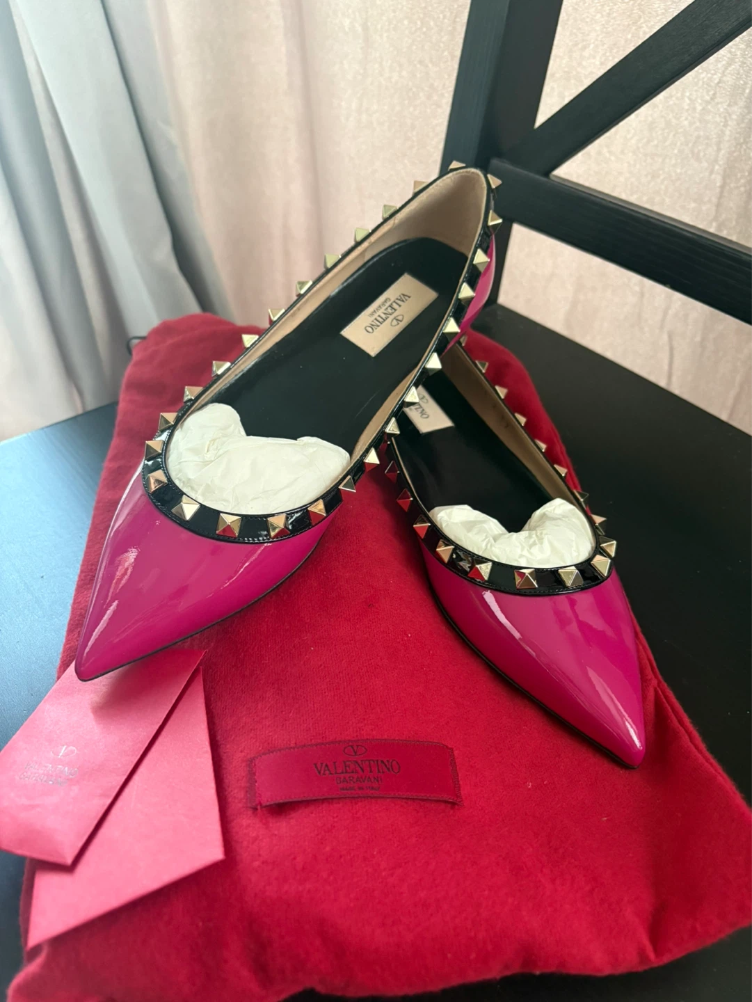 Valentino Rockstud Pointed Toe Flats - Pink Patent Leather