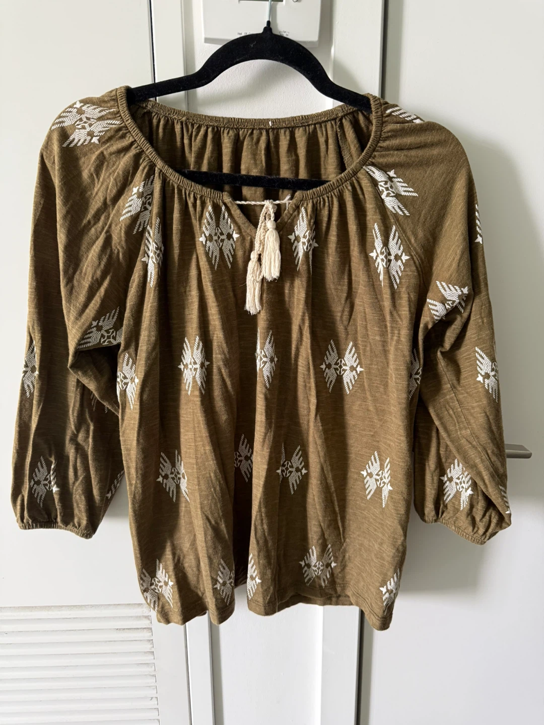 Brown embroidered peasant blouse with tassels size M