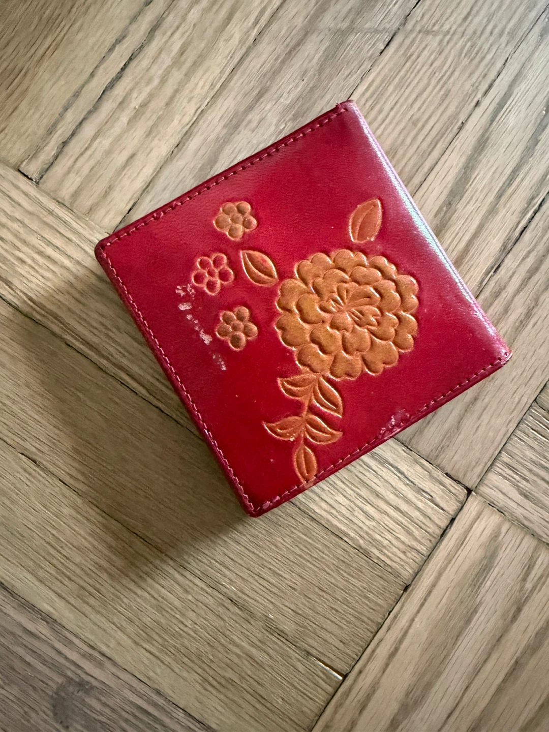 NEW Mexican Red Leather Wallet with Floral Embossing