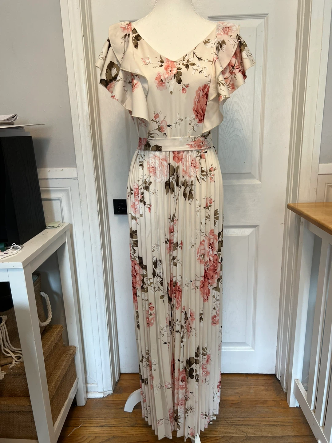 Floral Pleated Maxi Dress with Ruffles