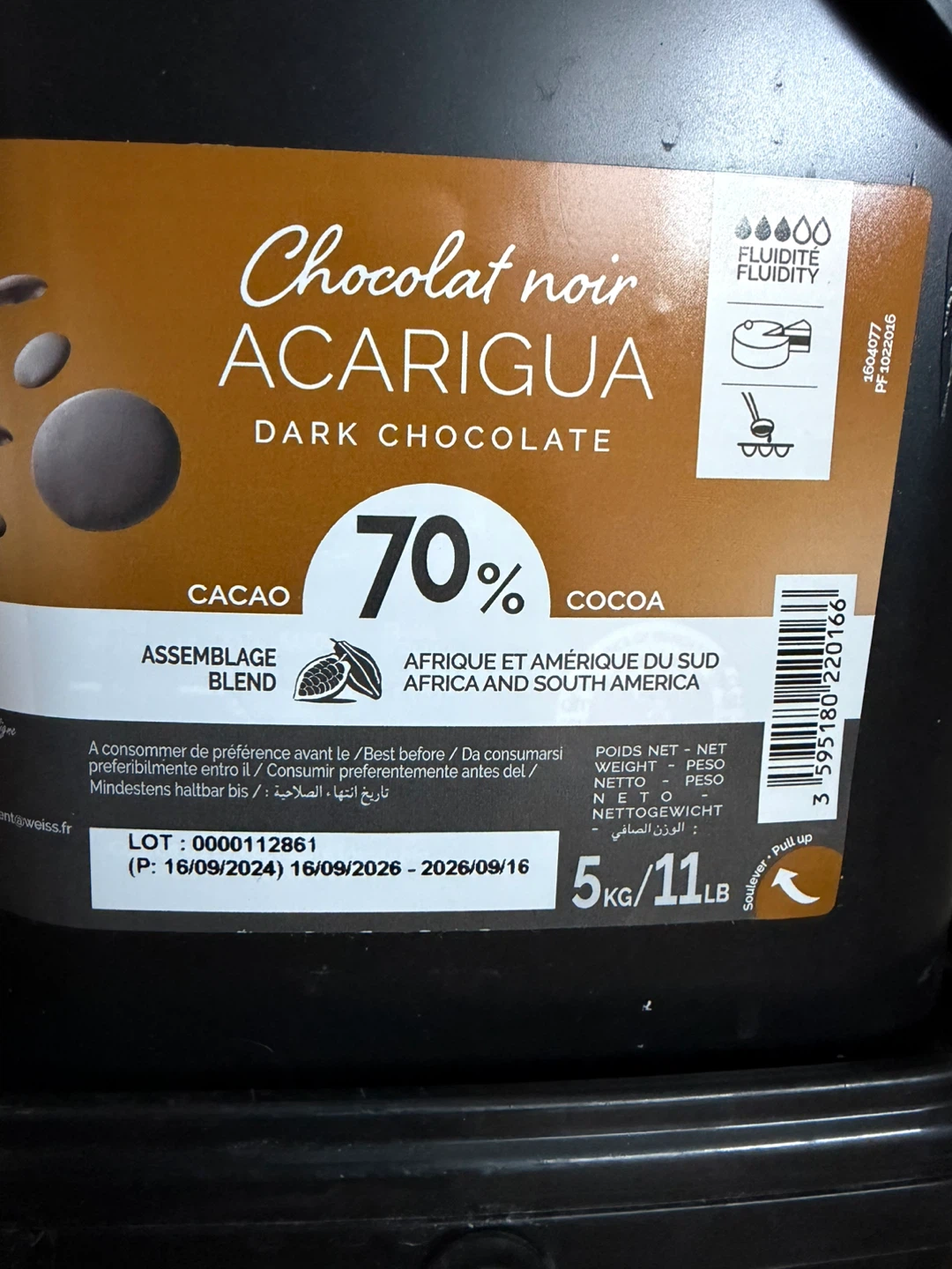 Weiss Acarigua Dark Chocolate 70% Cacao - 5kg