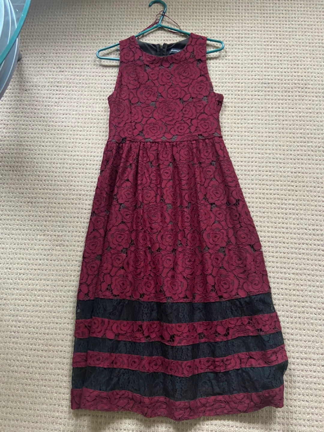 Burgundy Rose Lace Dress with Black Trim