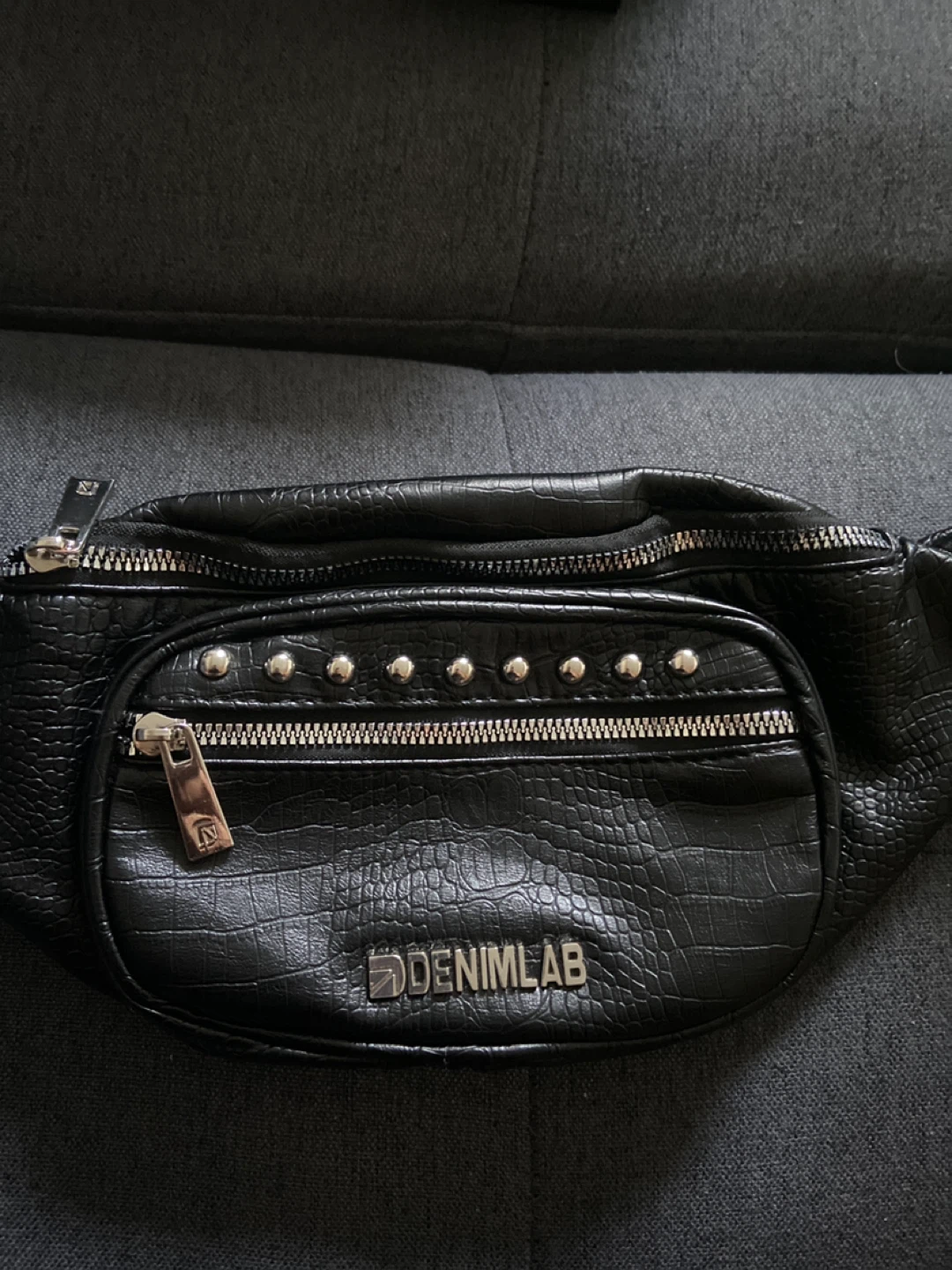 DENIMLAB Black Croc Faux Leather Fanny Pack with Studs