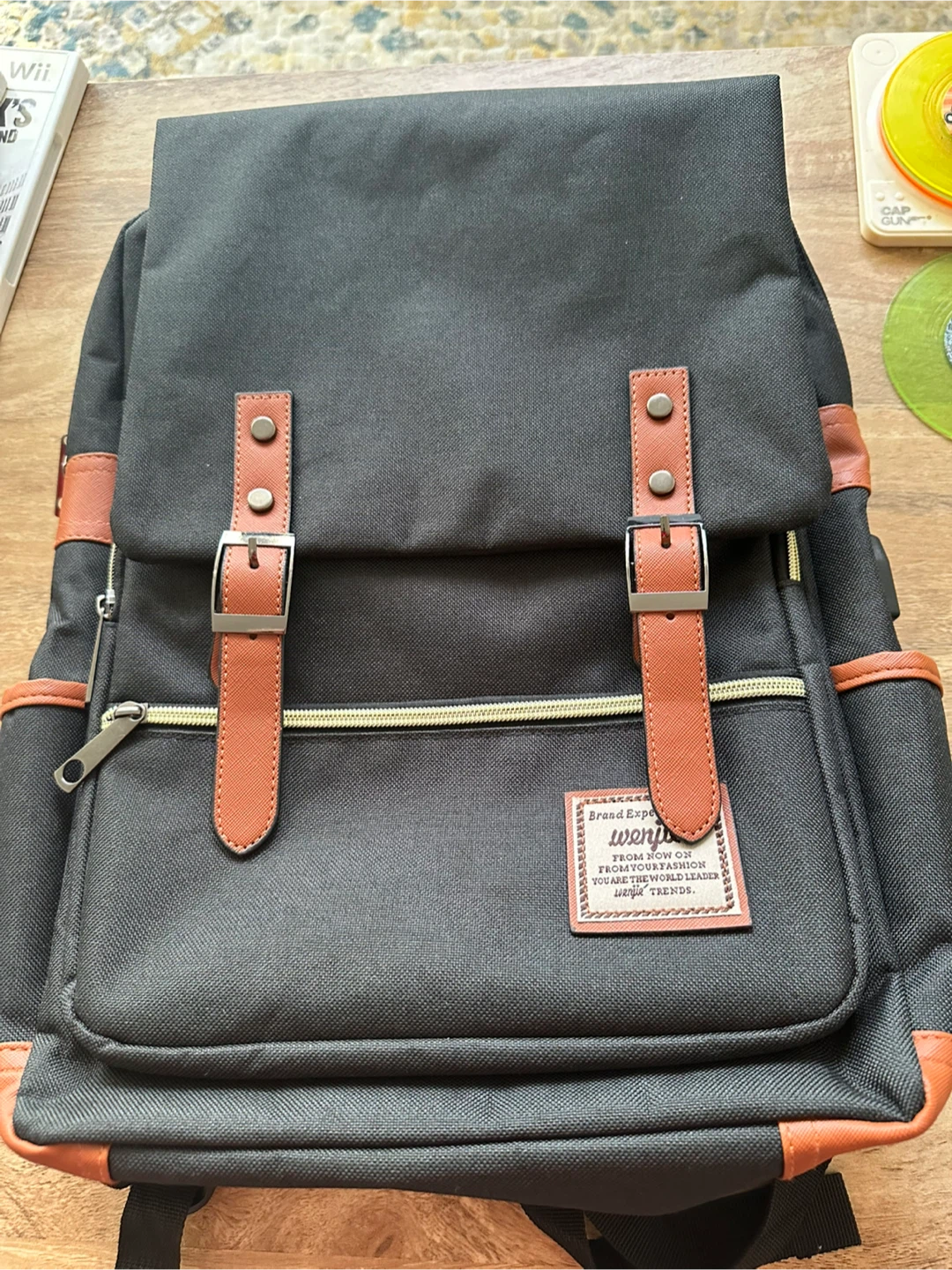 Black Backpack with Faux Leather Accents