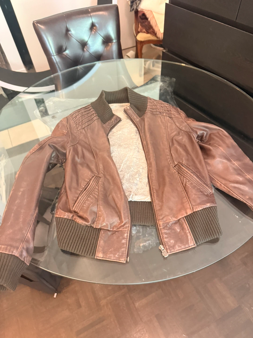 Brown Leather Bomber Jacket