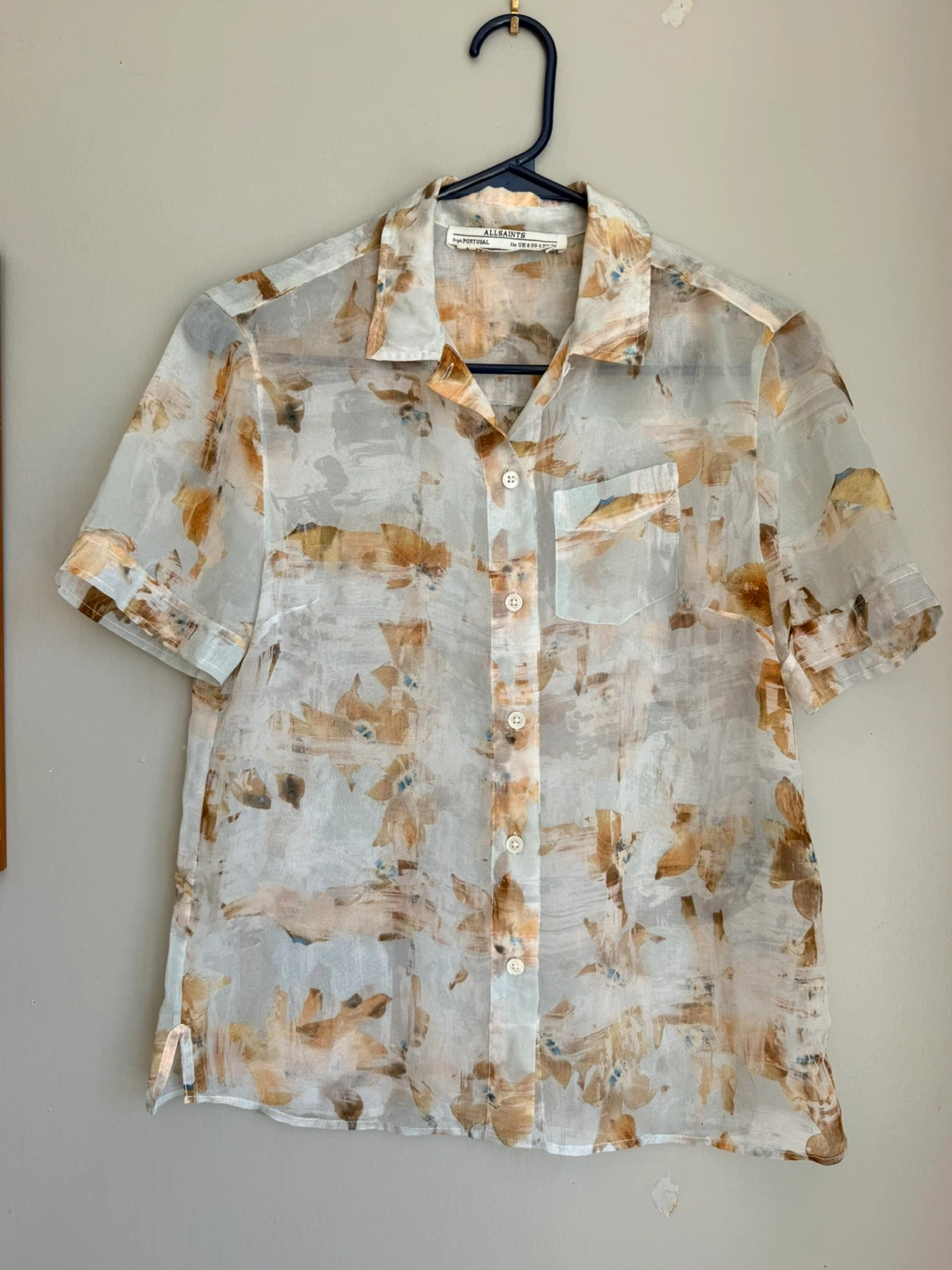ALLSAINTS Sheer Abstract Short Sleeve Shirt US 4