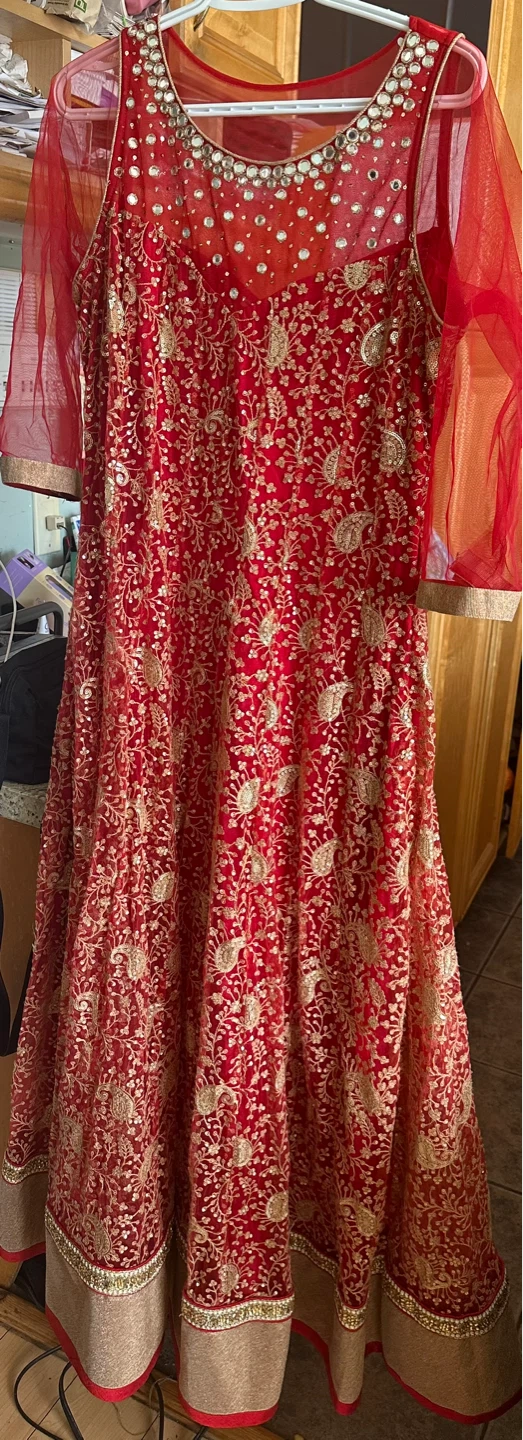 Red sequined dress with gold embroidery