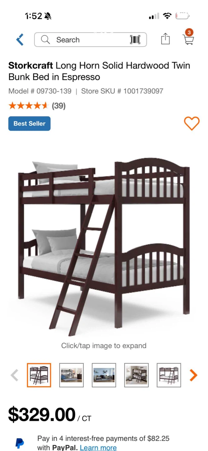 Storkcraft Long Horn Solid Hardwood Twin Bunk Bed - Espresso