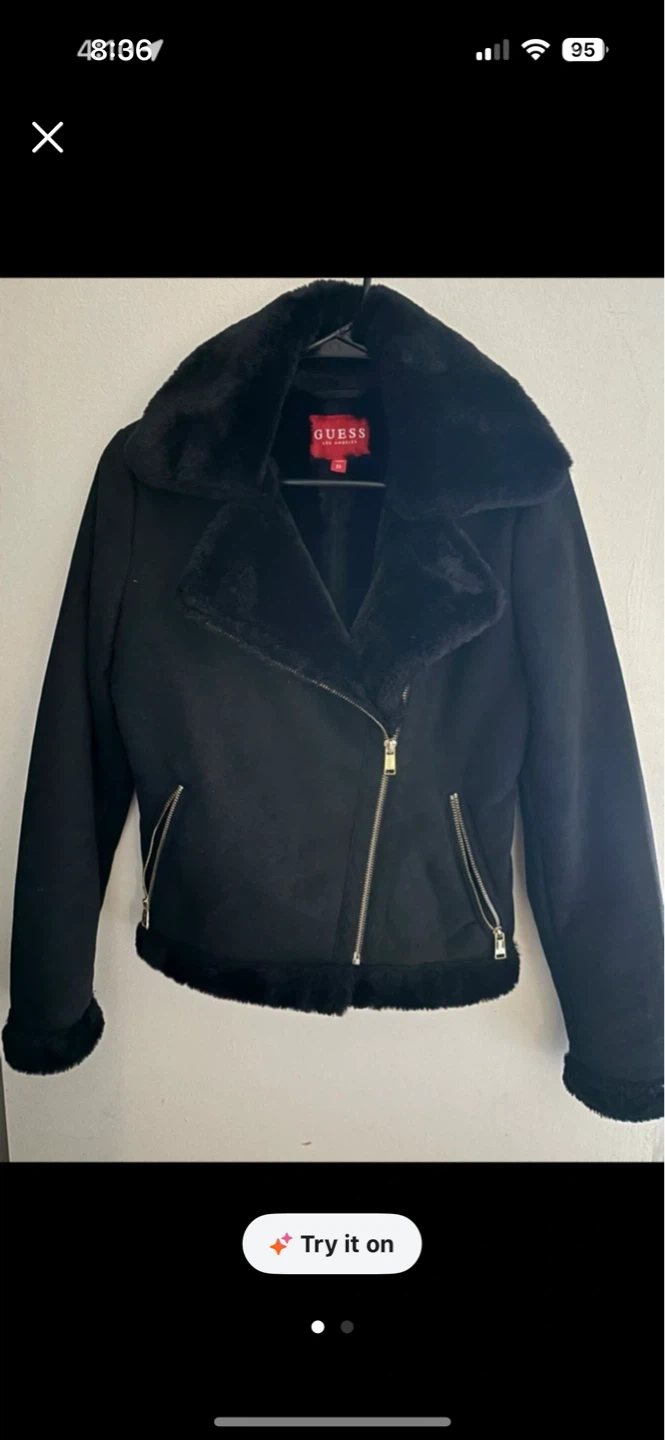 GUESS Black Faux Suede Moto Jacket with Fur Trim