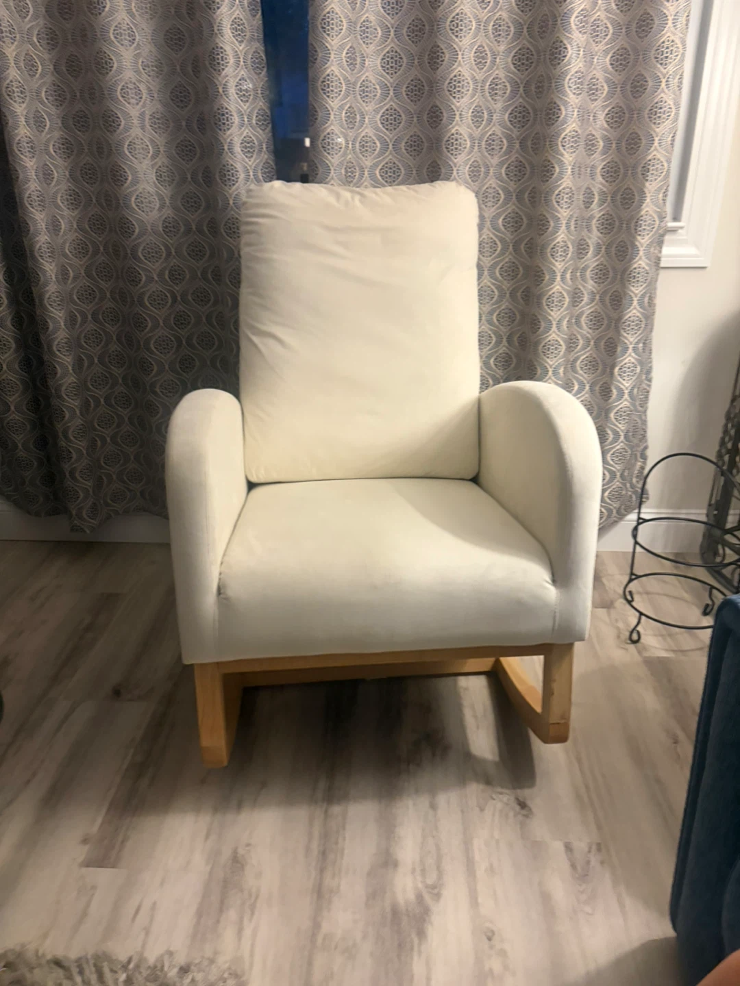 White Upholstered Rocking Chair with Wooden Base