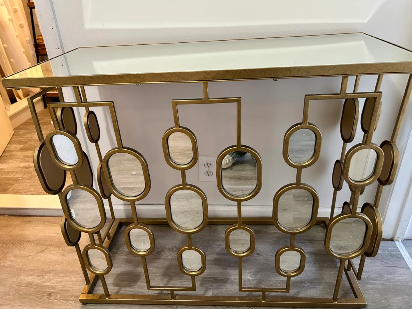Gold Geometric Console Table with Mirrored Accents