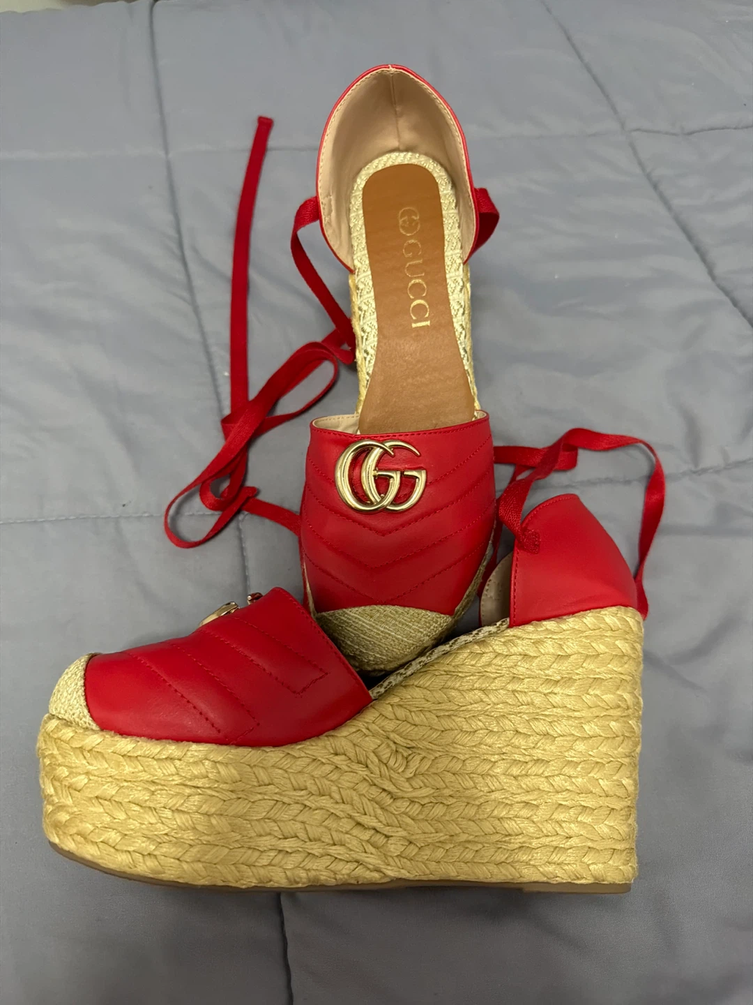 Gucci Red Espadrille Wedge Sandals - photo 3