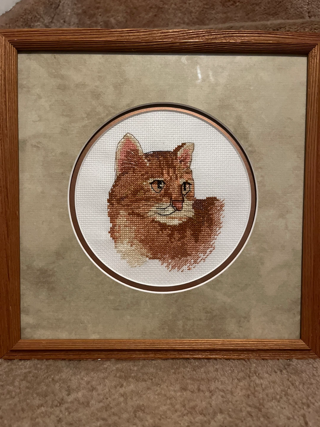 Framed Cross-Stitch Orange Cat Portrait