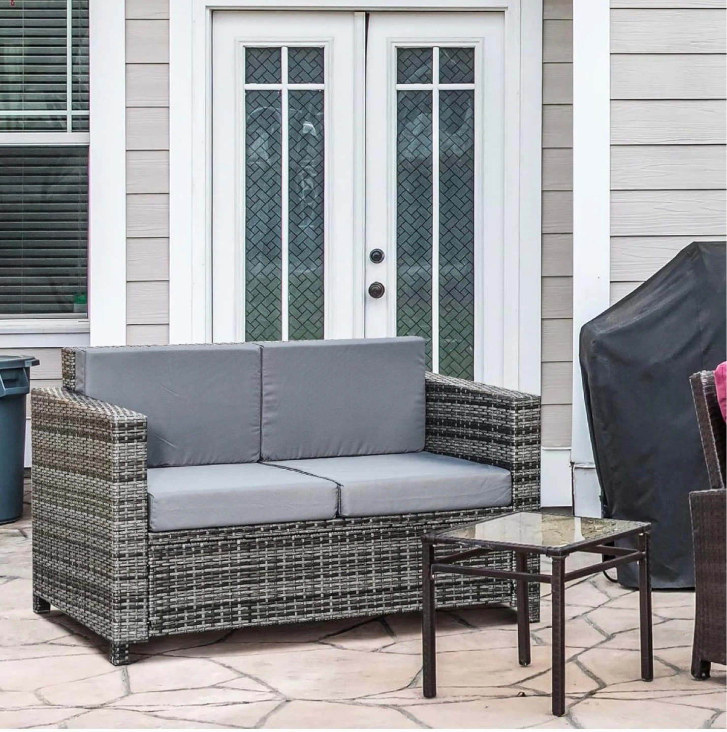 New Grey Wicker Loveseat Sofa with Cushions - photo 3