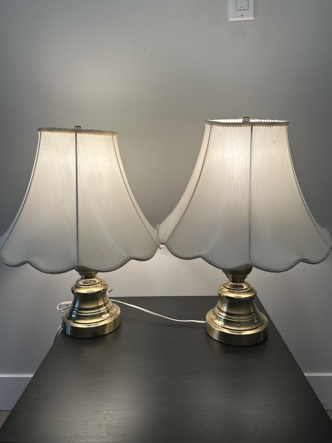 Pair of Brass Table Lamps with White Fabric Shades - photo 2