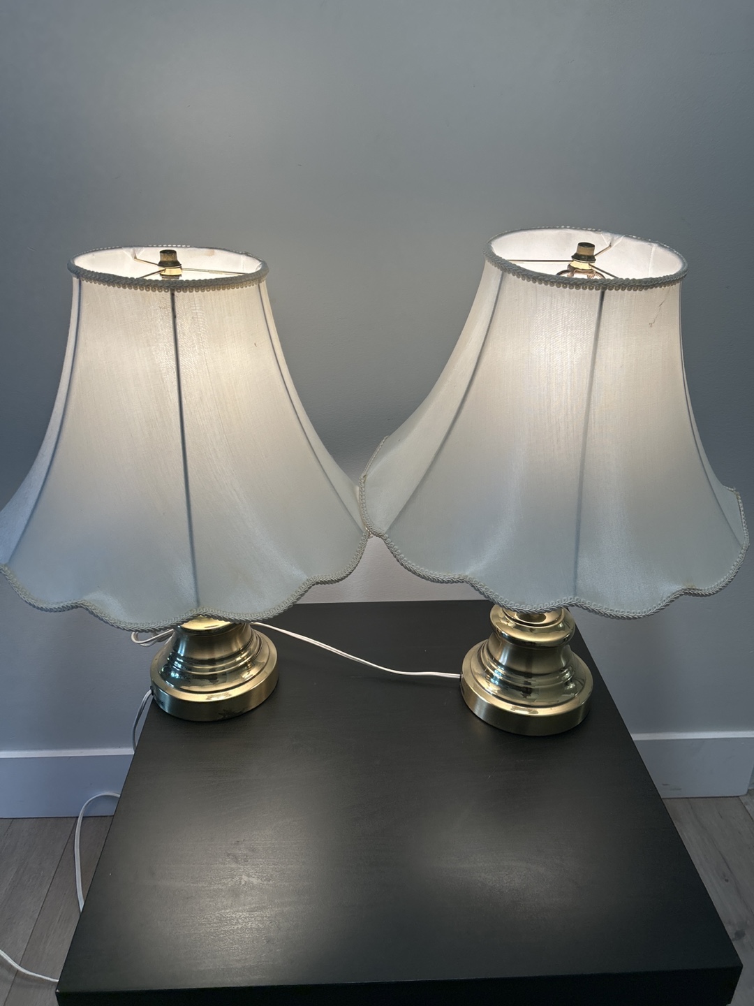 Pair of Brass Table Lamps with White Fabric Shades
